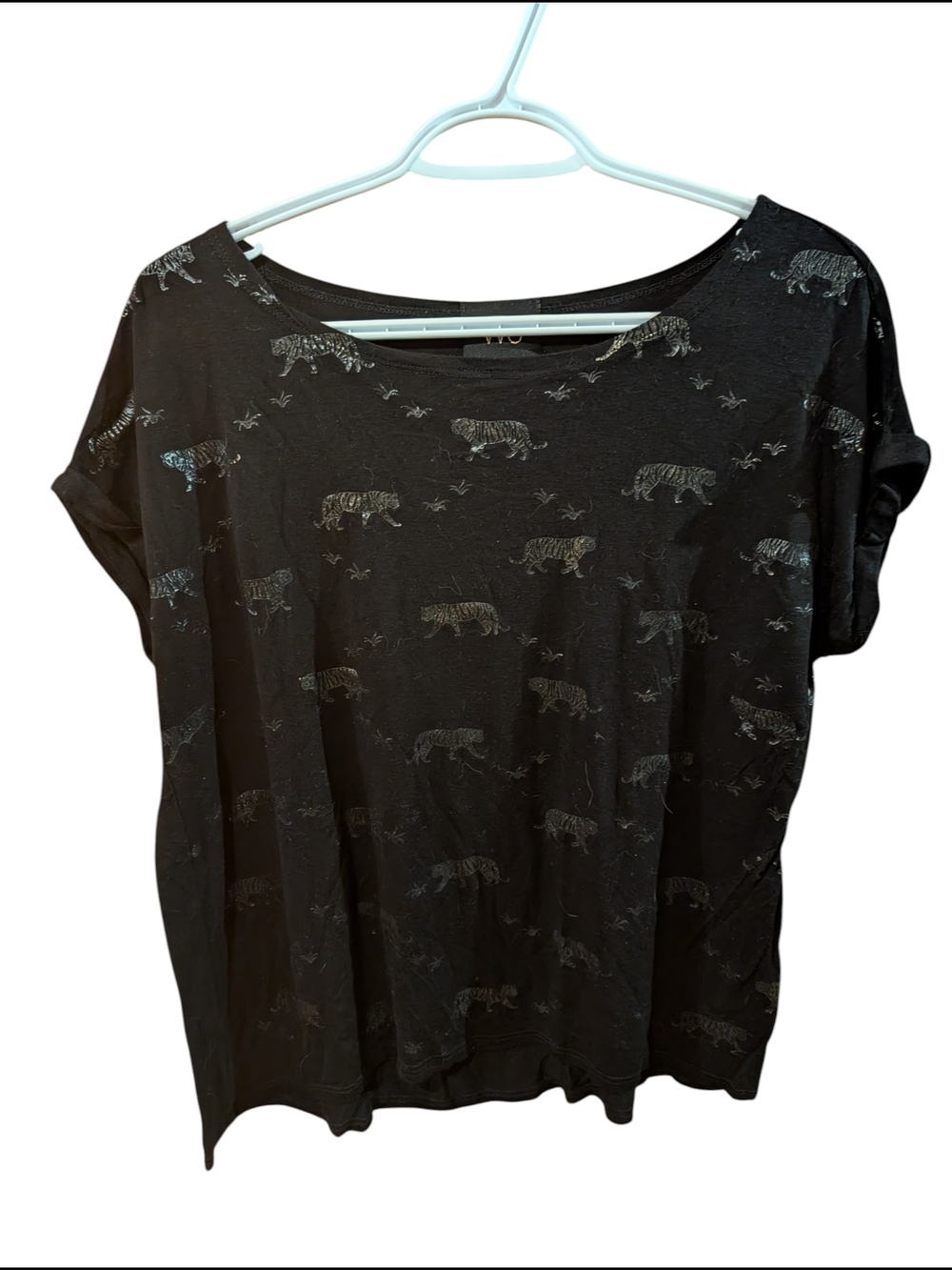 2/22$ W5 Black Short Sleeve Tee with Metallic Tiger Motif